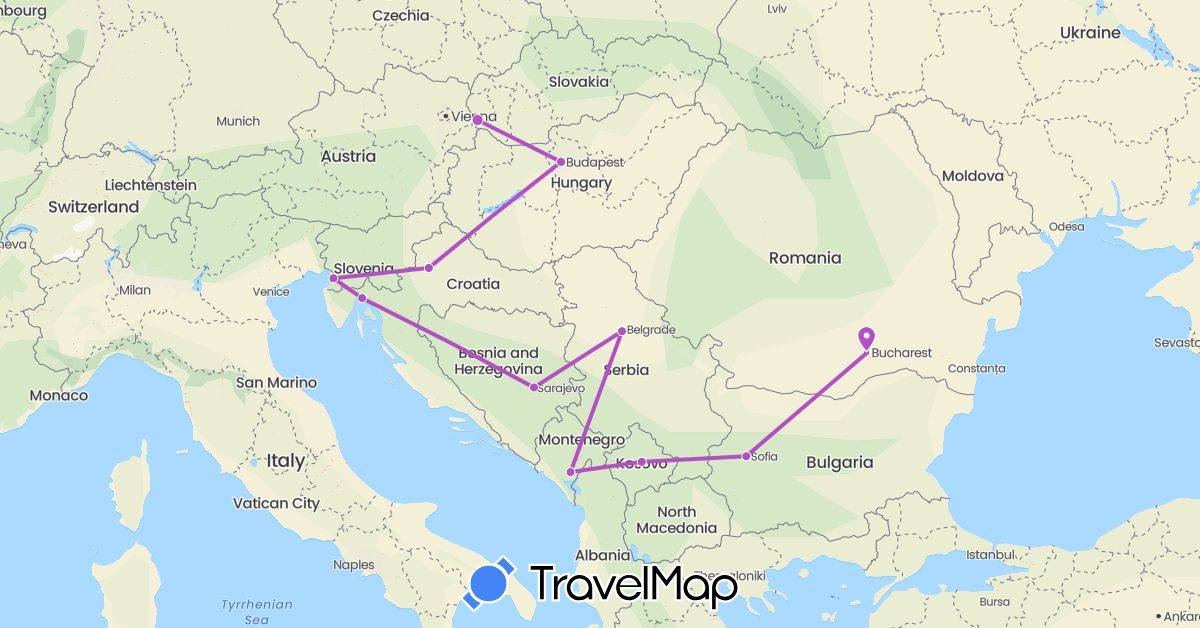 TravelMap itinerary: driving, train in Bosnia and Herzegovina, Bulgaria, Croatia, Hungary, Italy, Montenegro, Romania, Serbia, Slovakia, Kosovo (Europe)