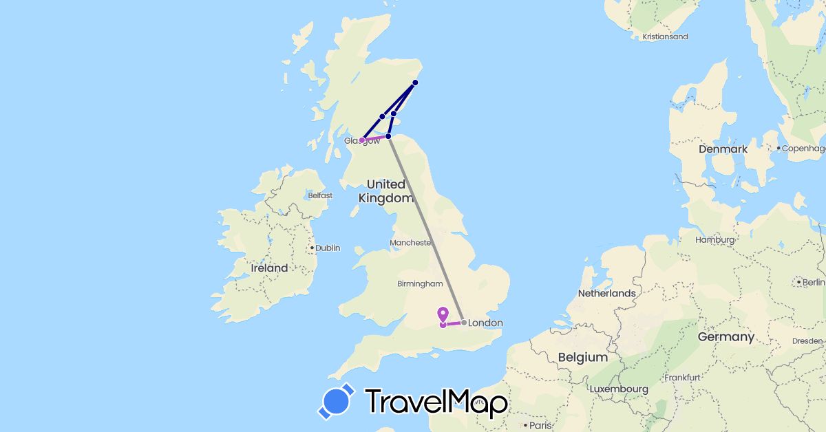 TravelMap itinerary: driving, plane, train in United Kingdom (Europe)