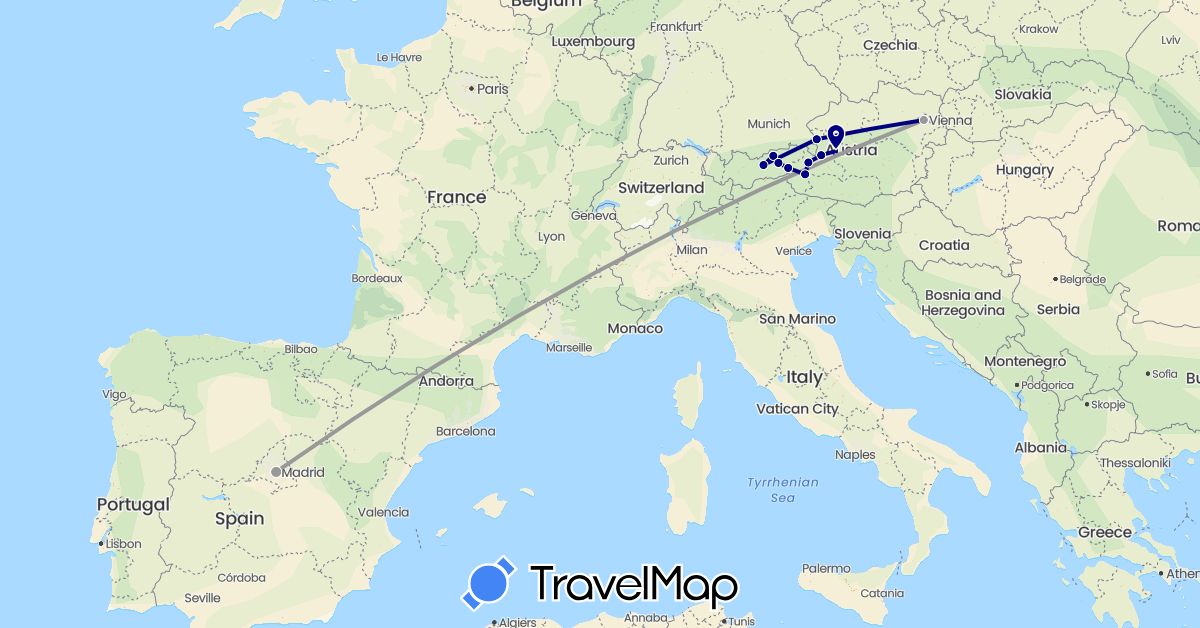 TravelMap itinerary: driving, plane in Austria, Spain (Europe)